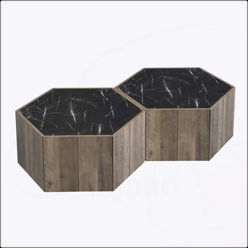 Table basse Hexagonal Rustic, Noir, Marron clair