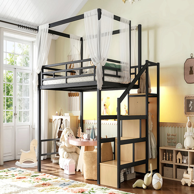 Lit mezzanine avec escalier de rangement et garde-robe, lit mezzanine en métal avec structure de baldaquin et éclairage DEL, grand espace de rangement sous le lit.