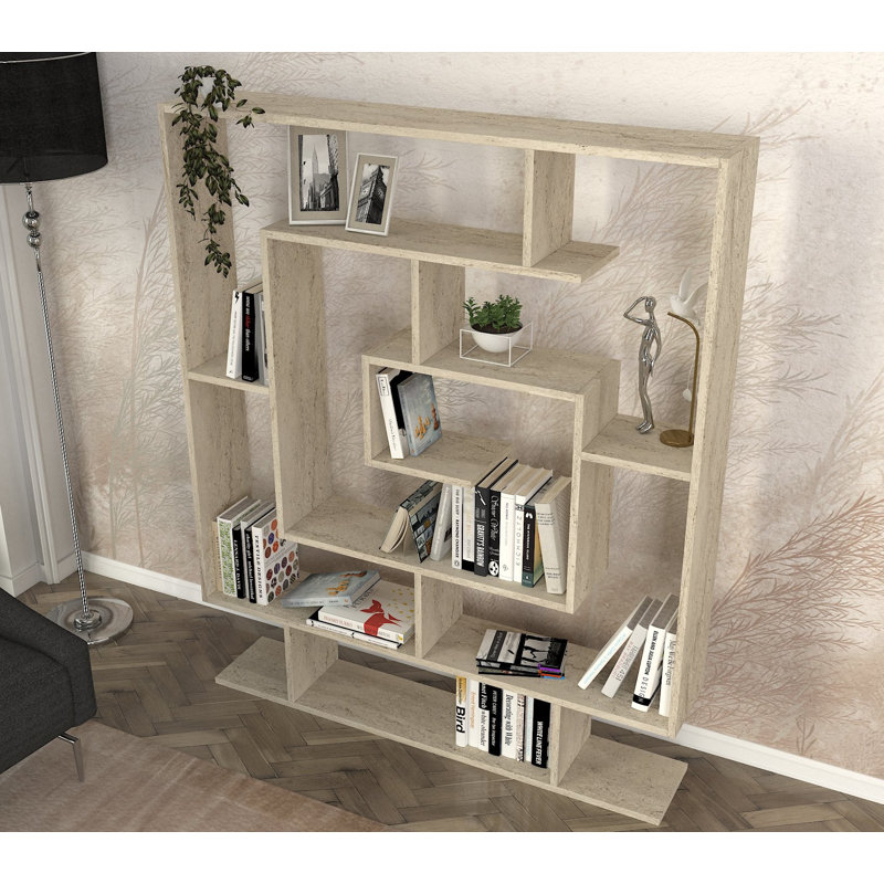 Modern Bookshelf in Travertine Color, 49.2 x 58.8 x 8.7 inches | 100% Melamine Coated Particle Board, Thickness: 0.7 inches | Wall-Mountable with Numerous Shelves for Stylish Storage & Organization