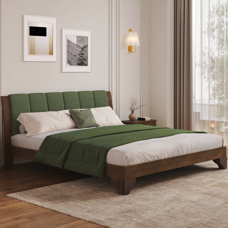 Lit Mid-Century moderne avec tête de lit, Très grand, Vert / noyer