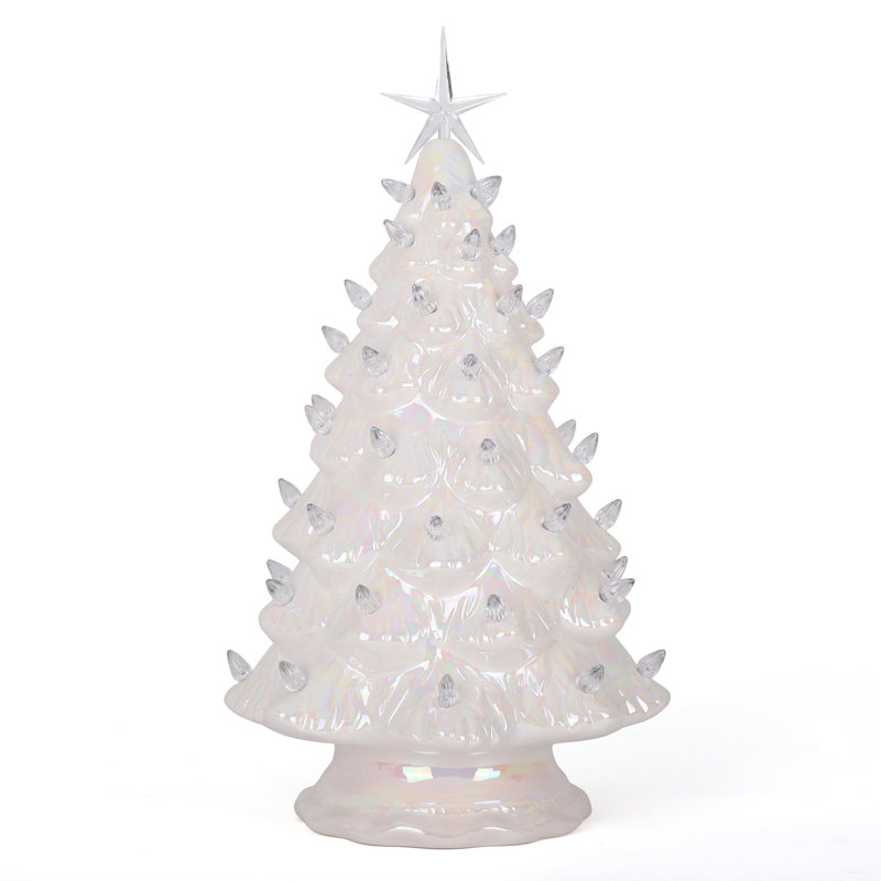 Arbre de Noël en céramique 15,5 po - Arbre de Noël rétro inspiré - Arbre lumineux, Blanc perle