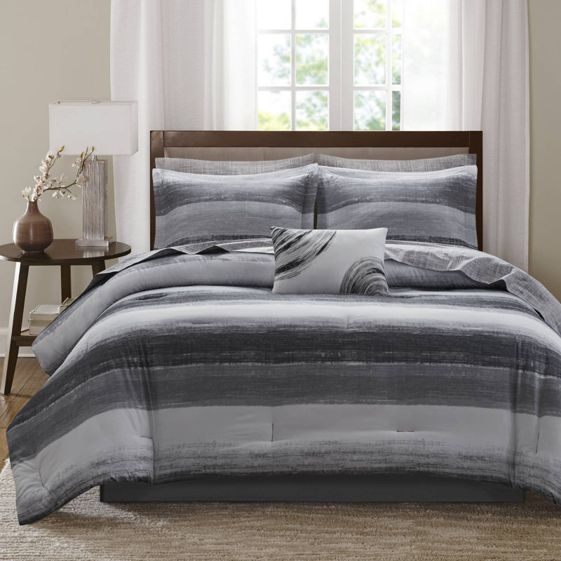 Ensemble d'édredon à rayures Saben avec draps en coton, Édredon lit double et 8 pièces incluses, Noir