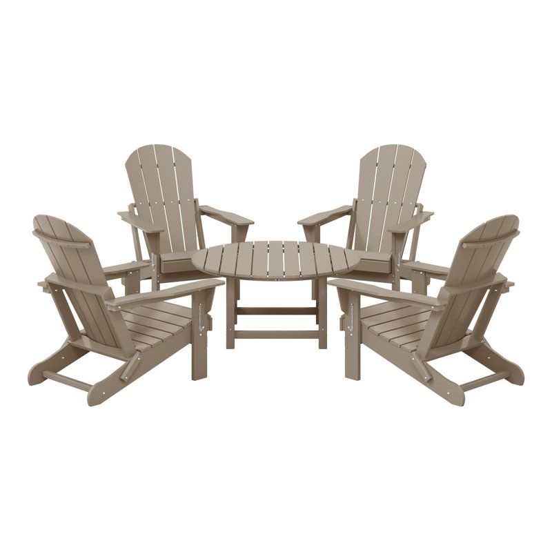 Ensemble de conversation d'extérieur 5 pièces Adirondack avec table basse ronde, Bois patiné