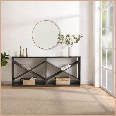 Table basse extra longue 70,87 "avec design en forme de X, console de rangement divisée pour l'entrée, le salon et le couloir, noir