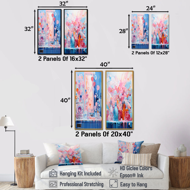 «Pink Laundry Soap Bubble II», ensemble de 2 reproductions d'art sur toile, H 28 po x l 25 po, Cadre flottant blanc