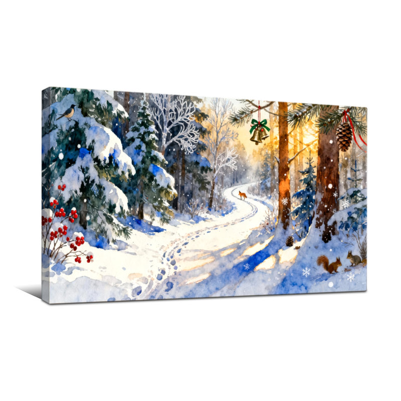 Forêt de Noël, hiver, neige, chemin, cerfs, pommes de pin, oiseaux, H 20 po x l 40 po