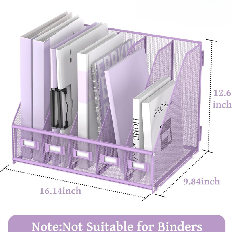 Metal Desk File Organizers With 5 Vertical Compartments For Office, Home, Purple