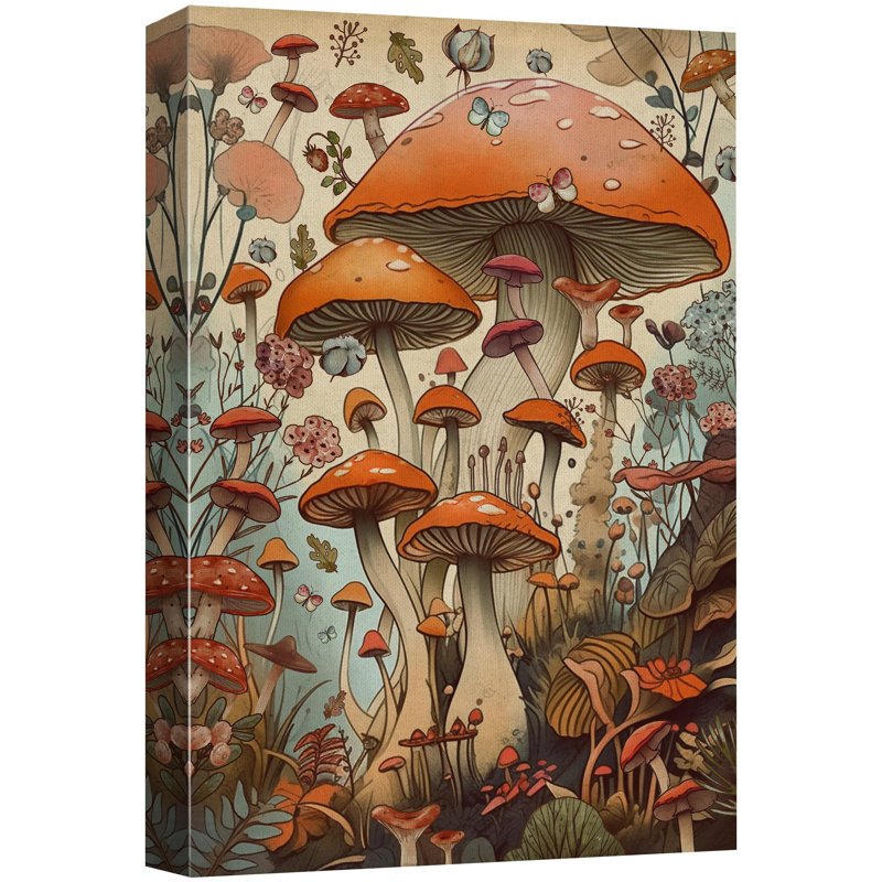 Multicolore rustique, illustrations de champignon rouge, Toile tendue, H 18 po x l 12 po