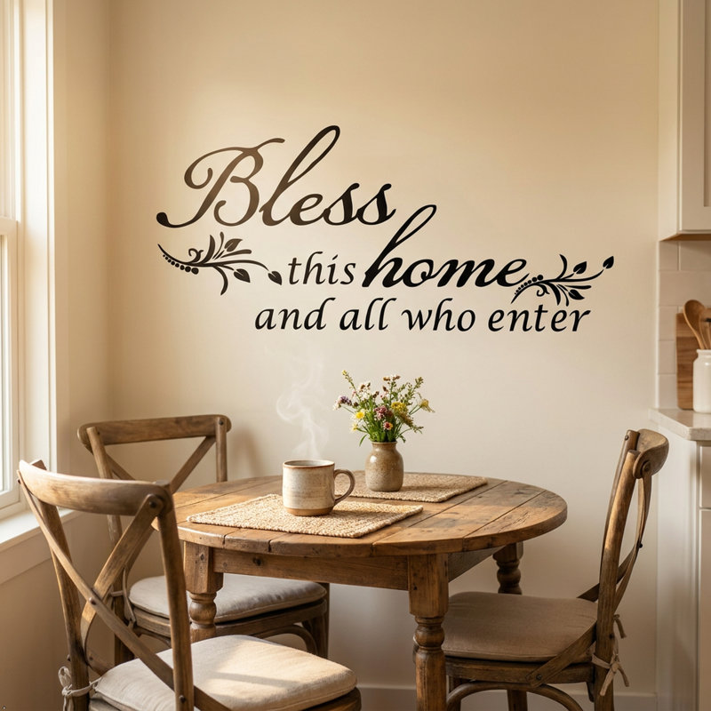 Décalcomanie murale «Bless this home and all qui entre» , H 18 po x l 40 po, bleu
