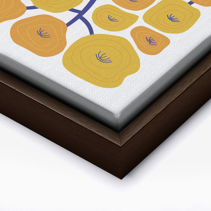 Abstrait floral jaune, Canevas, H 16 po x l 20 po, Encadrement brun