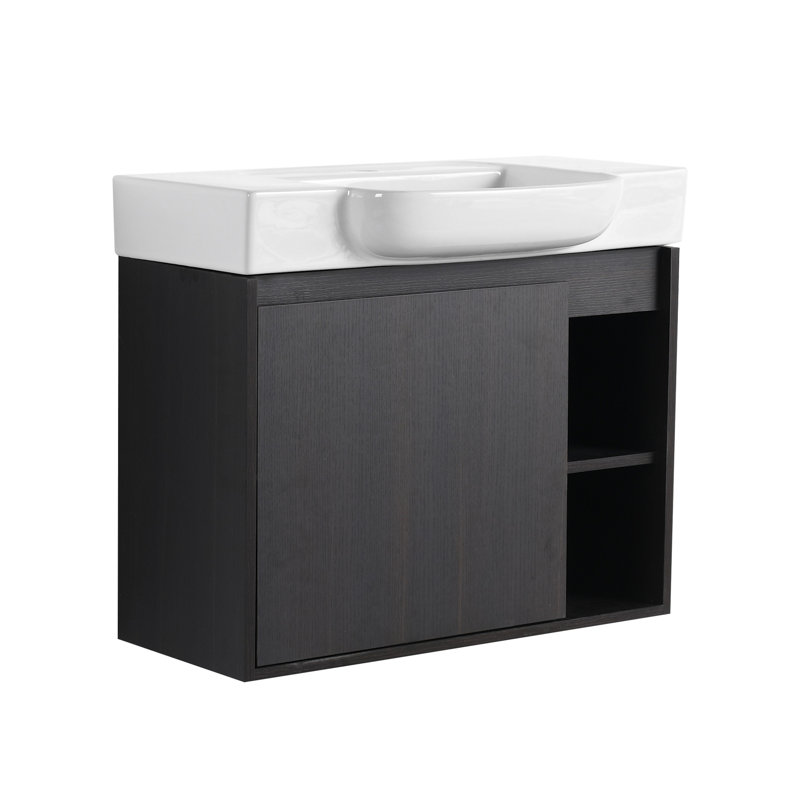 Meuble-lavabo mural 28 po avec lavabo en céramique blanche et porte à fermeture en douceur 28 po, Chêne foncé