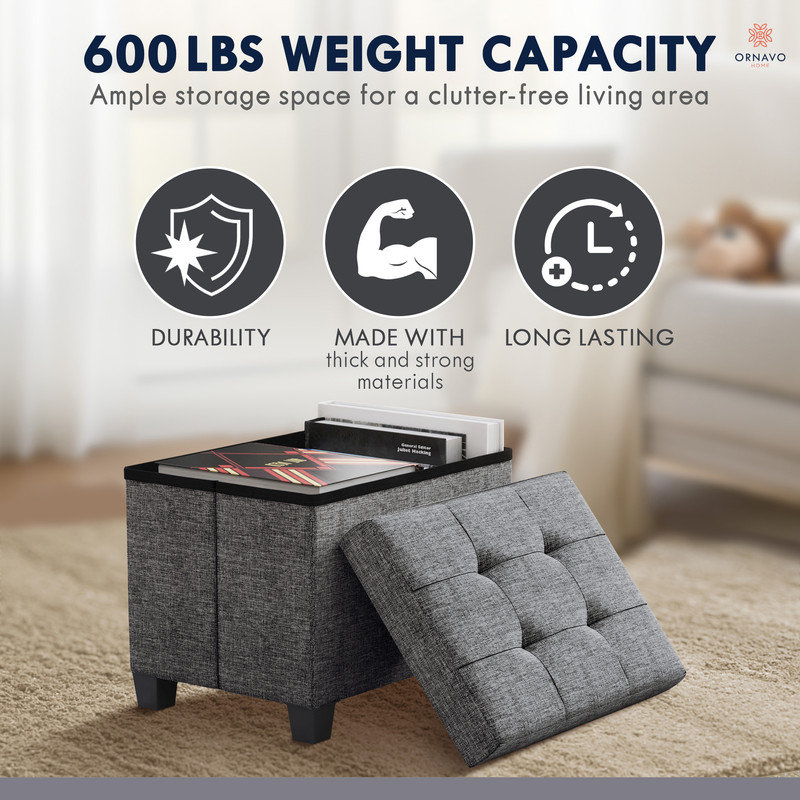 Collapsible Rectangle Small Storage Ottoman with Legs - 12" x 16" x 12", Dark Gray