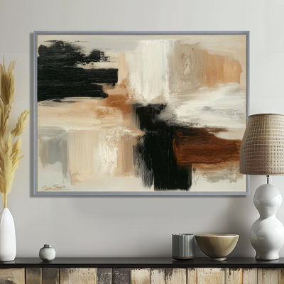 Black And Brown Brushstroke Abstract Painting - Abstract Collages Framed Wall Art, Black Contemporary Canvas Print