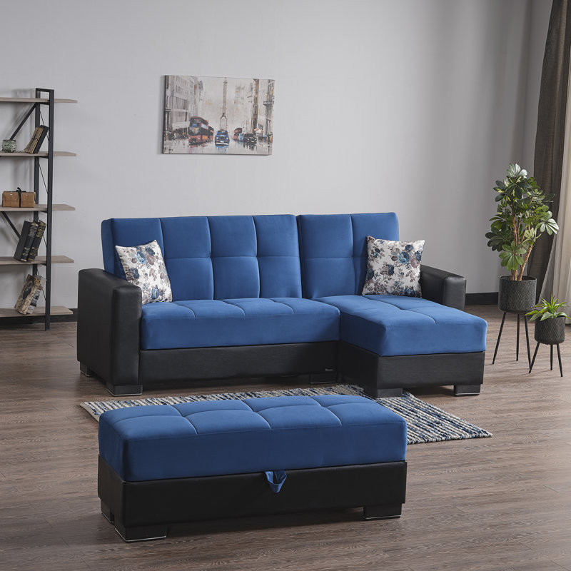 Repose-pieds rembourré en tissu avec rangement Legacy, Turquoise / microfibre noire