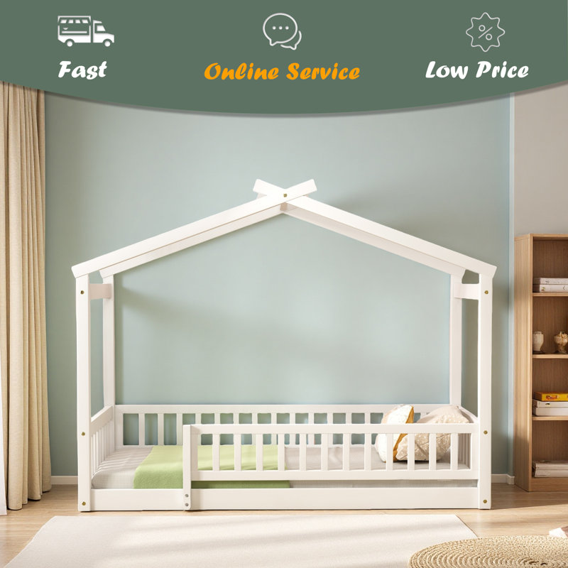 Wood Bed House Bed Frame With Fence, Twin, White