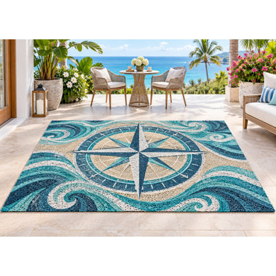 5' x 7' Outdoor Area Rug Nautical Compass Ocean Waves Heavyweight Solid Waterproof PVC Coil Loop Carpet, Heavy Duty Patio Rug, Quick Dry Indoor Outdoor Mat for Porch Deck Balcony RV Camping