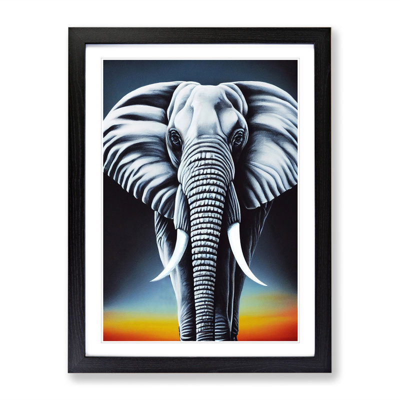 Elephant At Sunset - Single Picture Frame Print, 34cm H x 25cm W x 2cm D, Black Framed