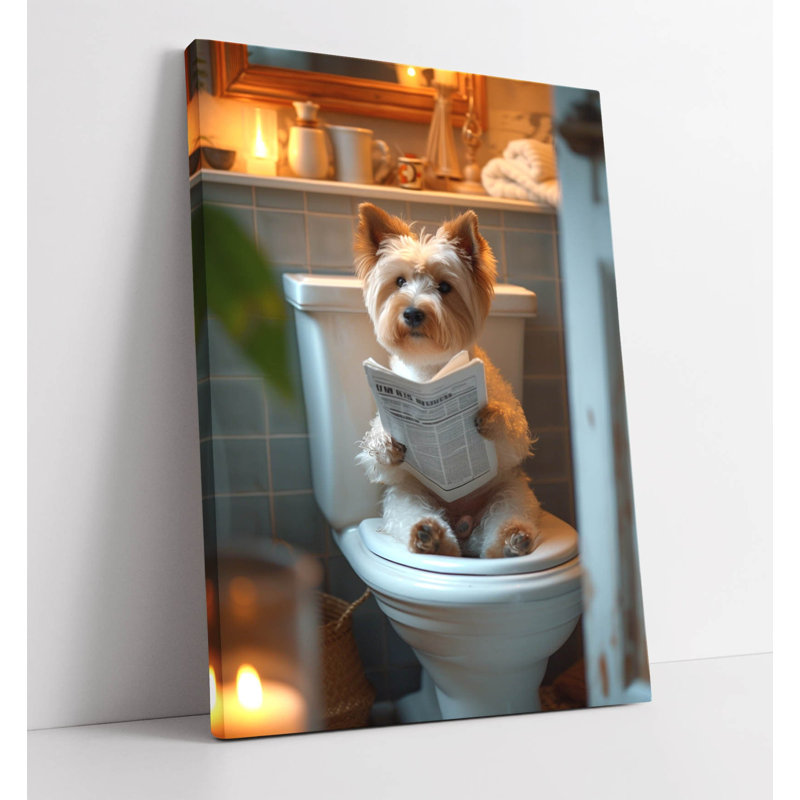 Yorkshire Terrier sitting on a toilet reading Canvas Wall Art Print, 114 cm H x 76 cm W