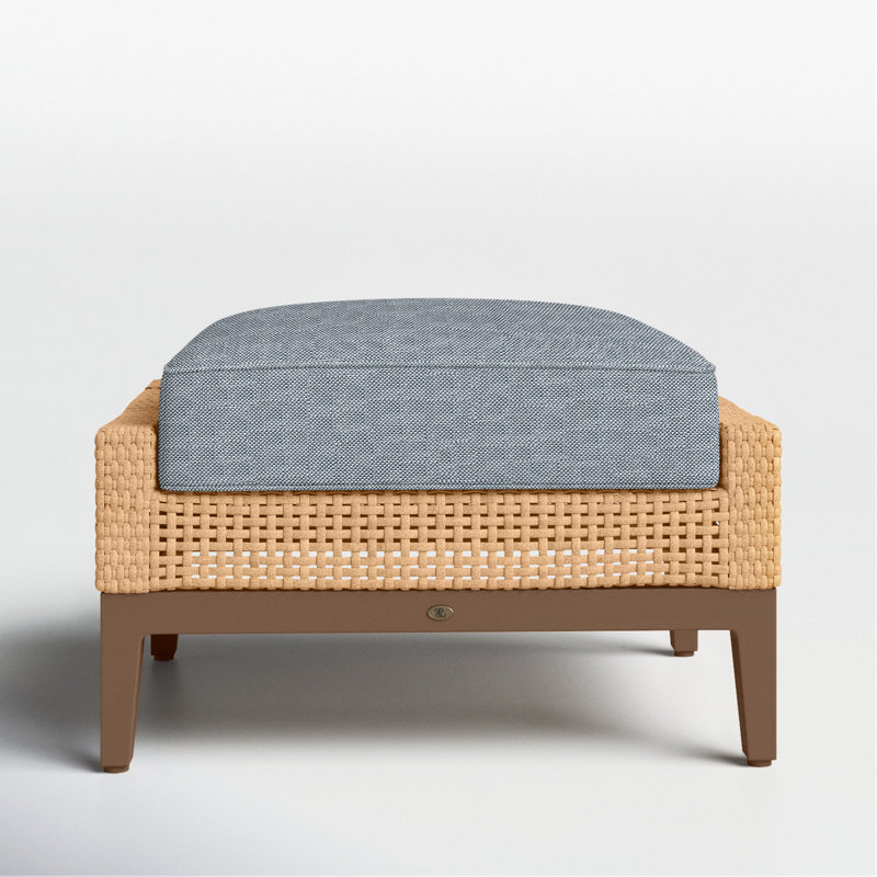 Peninsula Outdoor Ottoman with Cushion, Light Raffia/Natural Sandalwood, Rollo Chambray InsideOut® Linen