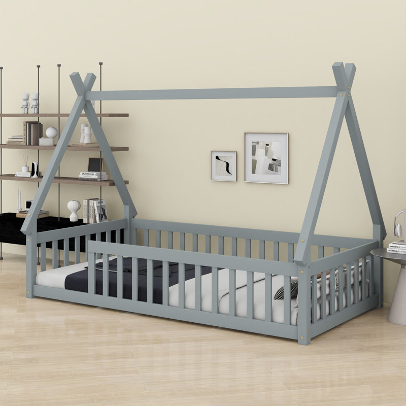 Tent Shaped Floor Bed With Guardrails And Slats, Gray