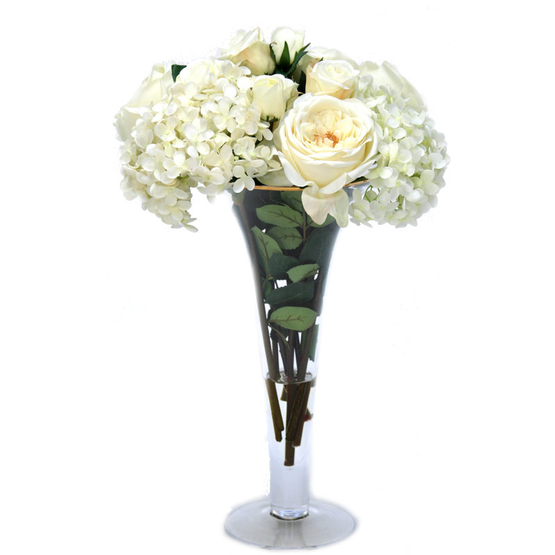 White Roses And Hydrangeas In Trumpet Vase