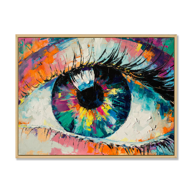 Colorful Turquoise Woman Eye Art - Modern Canvas Artwork, 8" H x 12"W x 1" D, Brown Floater Framed Canvas