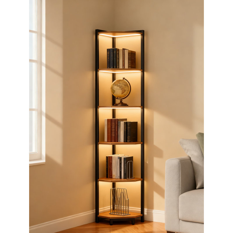 Étagère d'angle à 6 niveaux avec lumières DEL réglables, grande bibliothèque étroite avec cadre en métal pour le salon, le bureau personnel, la chambre à coucher et les petits espaces