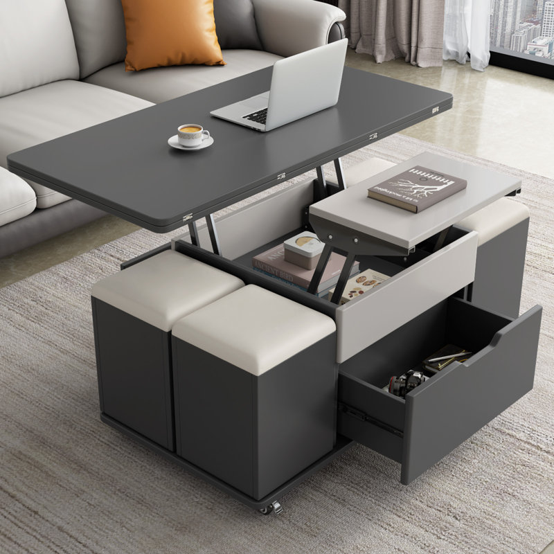 Table basse à plateau relevable moderne 47,24 "avec 4 tabourets, table de centre multifonction 3 en 1, table de salle à manger extensible pour le salon