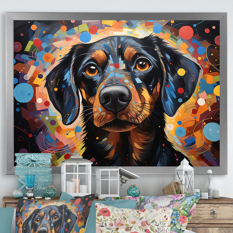 Impression sur toile «Dachshund Delight I», H 34 po x l 44 po x P 1,5 po, Cadre de coin argenté fermé