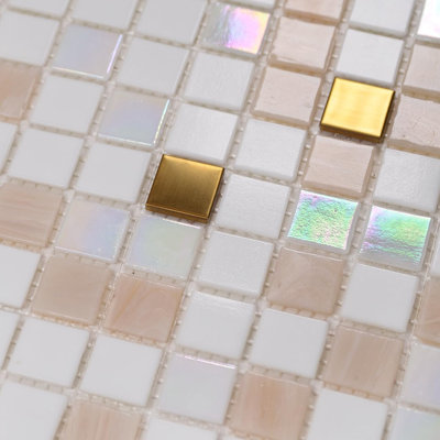 White Glod 12.9" x 12.9" Glass Grid Mosaic Wall & Floor Tile with Gold Veining (Set of 10)
