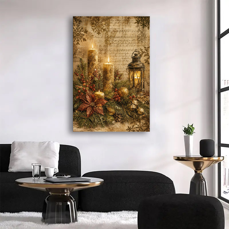 Bougies de Noël vintage et lanterne rustique avec pin et baies, fond de partition musicale ancienne, décoration murale hivernale sur toile