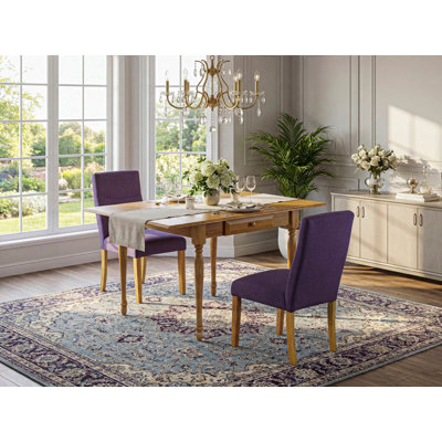 3 Piece Kitchen Table & Chairs Set Contains a Rectangle Dining Room Table with Dropleaf and 2 Linen Fabric Parsons Dining Chairs, Oak