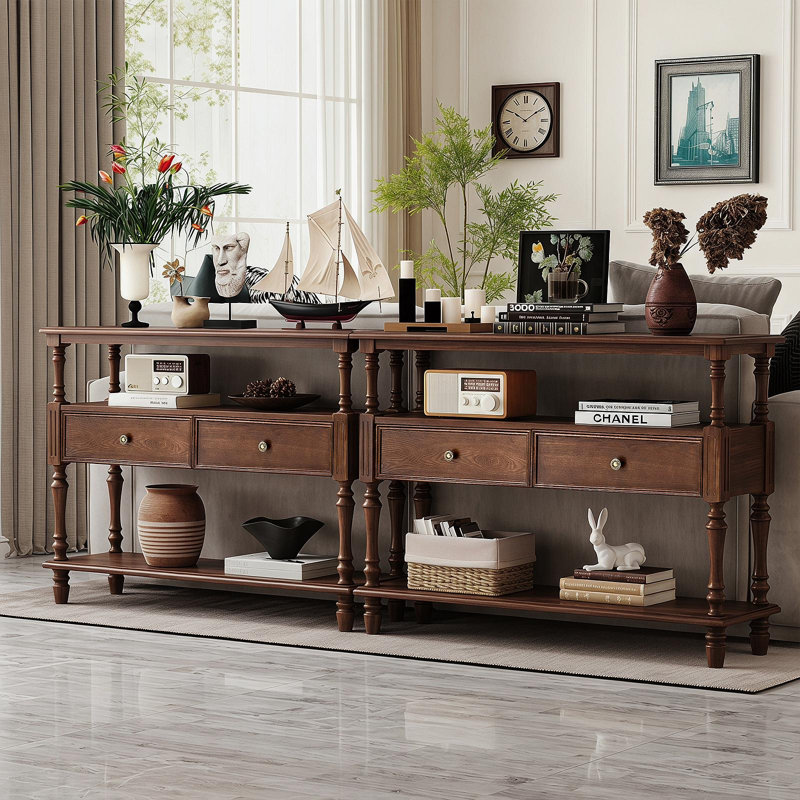 Console à 3 niveaux avec 2 tiroirs, finition en placage de bois véritable, glissières de tiroir à glissement lisse, pieds en bois d'hévéa massif
