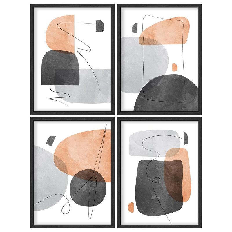 "Abstrait géométrique noir, gris et tons beiges, œuvre d'art moderne minimaliste", 4 pièces, Blanc, H 28 po x l 22 po