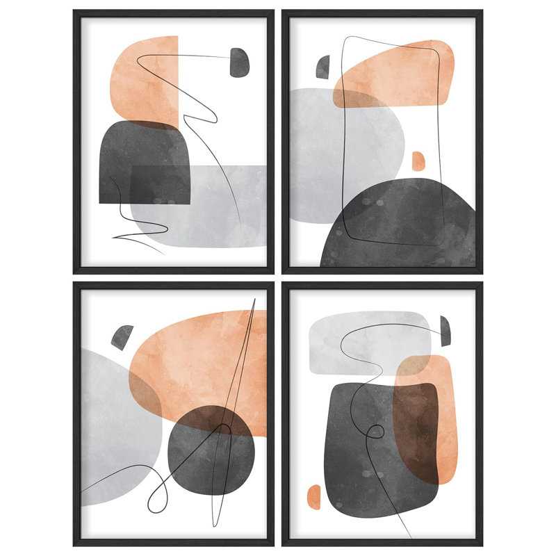"Abstrait géométrique noir, gris et tons beiges, œuvre d'art moderne minimaliste", 4 pièces, H 20 po x l 16 po, Noir