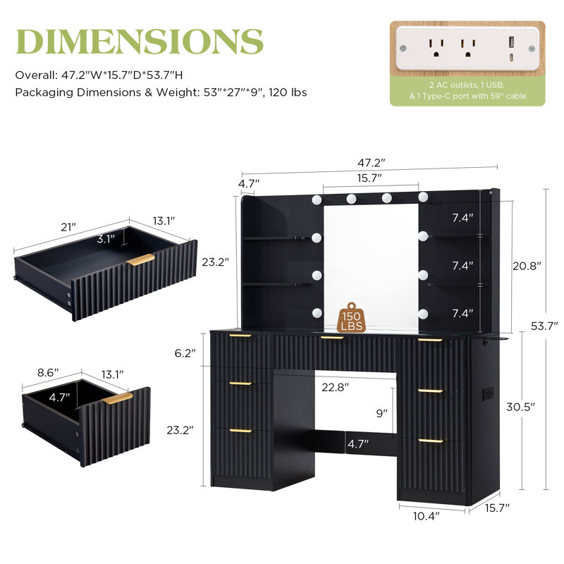 42.7" W Modern Large Vanity Desk With 7 Drawers, 4 Shelves, Led Lighted Mirror & Power Outlets, Black, Black