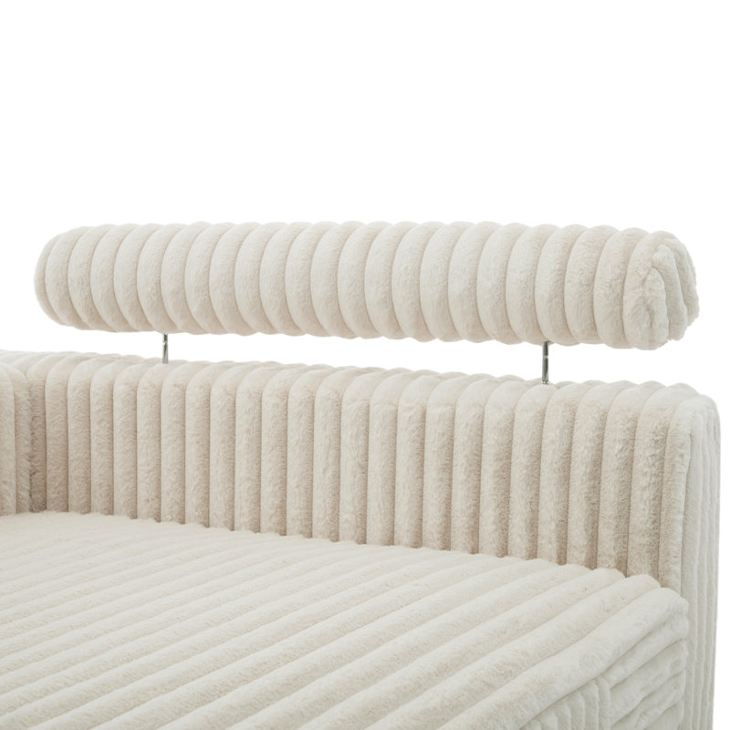 Bentura Oversized Upholstered White Faux Rabbit Fur Flannel  Sleeper Sofa Bed Lounge sofa with Armrests & Throw Pillows