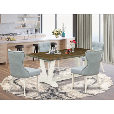 Cet ensemble de salle à manger 5 pièces comprend une table rectangulaire Jacobean patinée et 4 chaises de cuisine en lin bleu bébé avec dossier capitonné - Lin brossé blanc