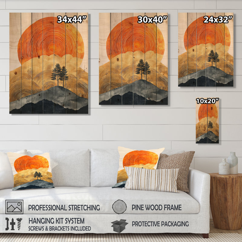Sunrise Tree In African Field Landscape II - Forest Wood Print - On Natural Pine Wood, 32" H x 24" W x 0.78" D