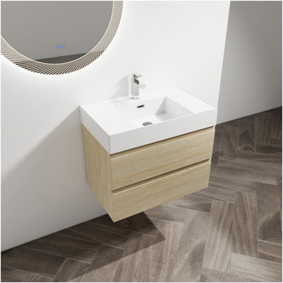 Meuble-lavabo mural 30 po avec lavabo en résine, 2 tiroirs à fermeture en douceur, ensemble KD