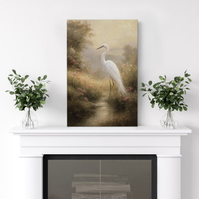 "White Heron" par Stream, art mural sur toile - Scène de nature tranquille pour le salon ou le vestibule