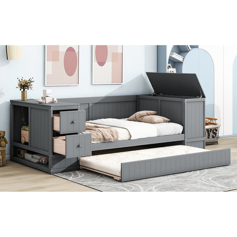 Lit de jour gris simple avec rangement pour magazines, lit gigogne - Fabrication de vêtements en bois massif, Gris