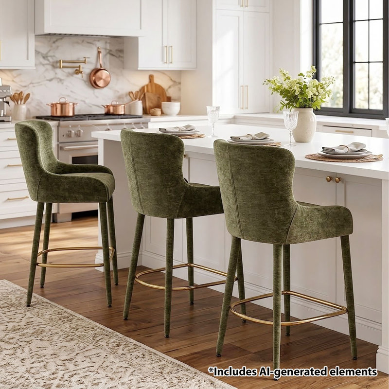 Tabouret de comptoir 26,5 po sculpté en chenille avec accoudoirs encastrés et repose-pieds dorés, Vert
