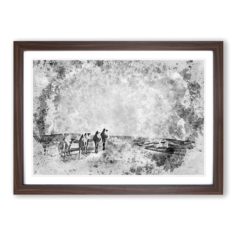 Camels on the Move in Abstract - Picture Frame Painting Print, 36cm H x 48cm W x 2cm D, Walnut Framed