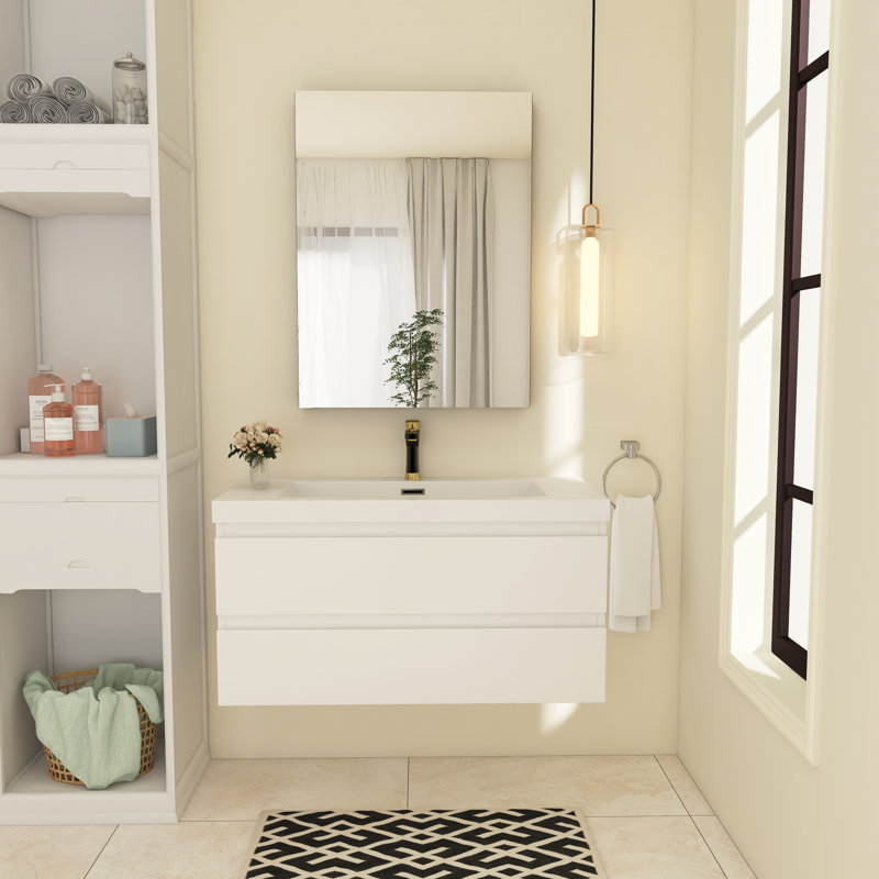 Meuble-lavabo simple 42 po avec plateau en résine Myrhn, Blanc lustré, Blanc