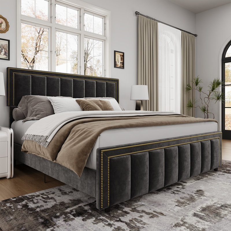Bed Frame with 50" Tall Headboard and Footboard, Chenille Upholstered Platform Bed, Vertical Channel Tufting with Nailhead Trim