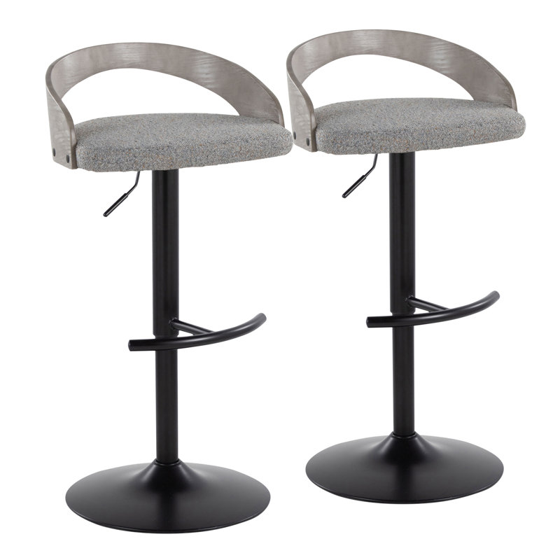 Laurenzio Adjustable Bar Stool with Rounded T Footrest, Black, Light Green Fabric/Natural Wood