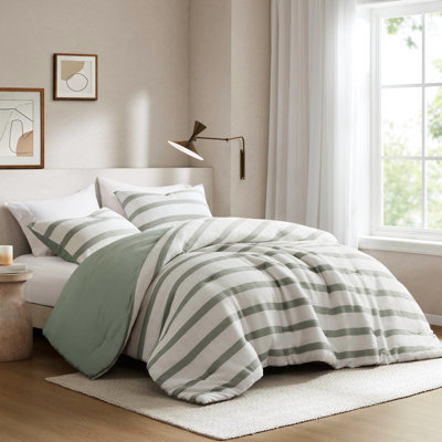 Édredon 3 pièces rayé très grand / très grand avec un look contemporain, utilisation toutes saisons, revers en microfibre, rayures faciles à rafraîchir, superposition de l'année froissée douce, standard 100, lavable à la machine