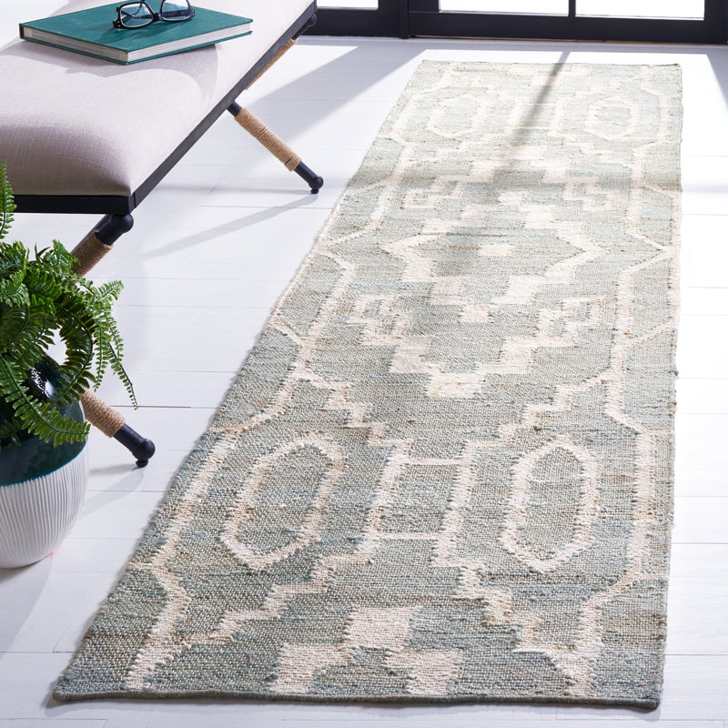 Tapis bleu clair / ivoire en jute / sisal tissé à plat Ponce Adriana, Tapis de couloir 2 pi 3 po x 9 pi