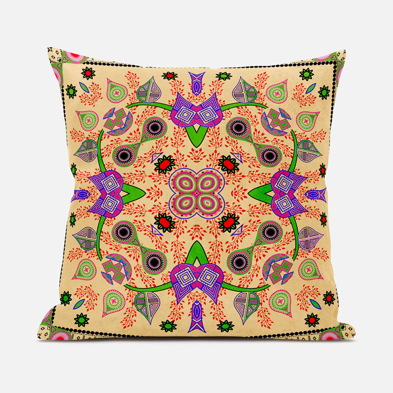 Polyester Throw Square Pillow Cover & Insert, Beige/Purple/Green, 16" x 16"